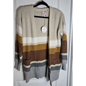 Pink Republic Women's M Open Front Cardigan Colorblock Oat Copper Stripe Soft